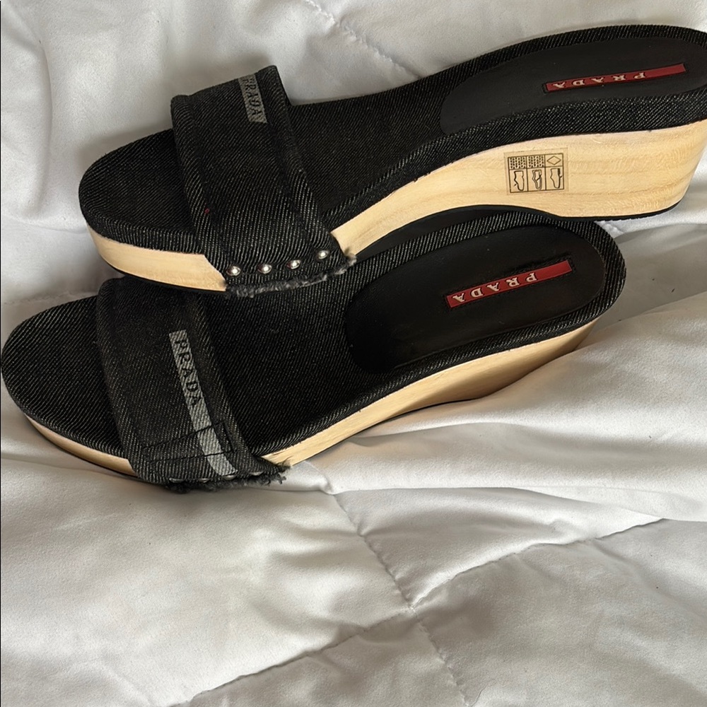 Prada Black and Tan Women's Wedge Sandals